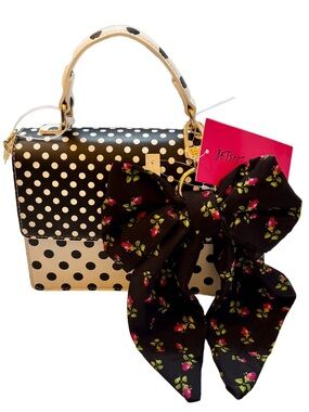 Betsey Johnson Black & White Polka Dot Floral Bow Crossbody